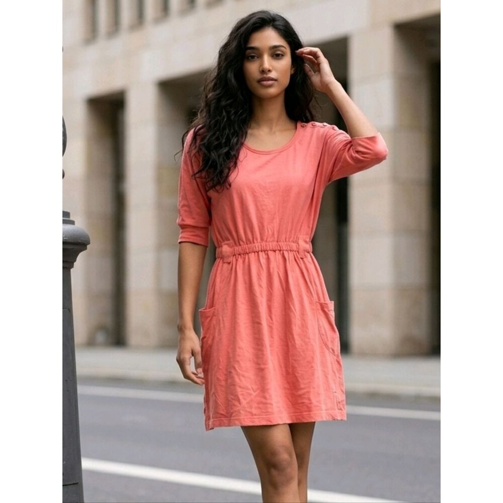 Poof Coral Knit Dress Small Elastic Waist Pockets Button Shoulder Casual Comfy